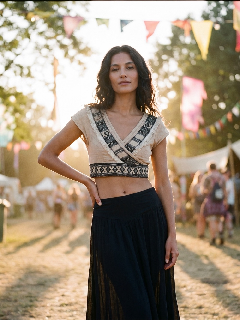 Zhennymph Boho Embroidered V-Neck Crop Top Wrap in Beige and Black Bellydance